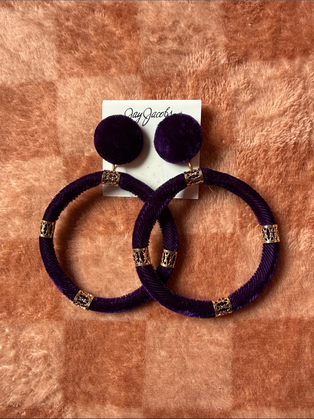 Vintage Jay Jacob’s Purple Velvet Hoop Earrings with Gold Accents